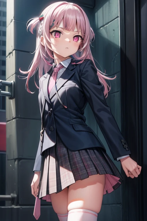 1 gurl,gura,, long hair, (pink eyes:1.5), pink hair,
BREAK one side up, skirt, shirt, hair ornament, thighhighs, , jacket, white shirt, pleated skirt, necktie, hairclip, collared shirt, black thighhighs, black jacket, plaid, red skirt, blazer, green necktie, plaid necktie,
BREAK looking at viewer,
BREAK outdoors,
BREAK (masterpiece:1.2), best quality, high resolution, unity 8k wallpaper, (illustration:0.8), (beautiful detailed eyes:1.6), extremely detailed face, perfect lighting, extremely detailed CG, (perfect hands, perfect anatomy),