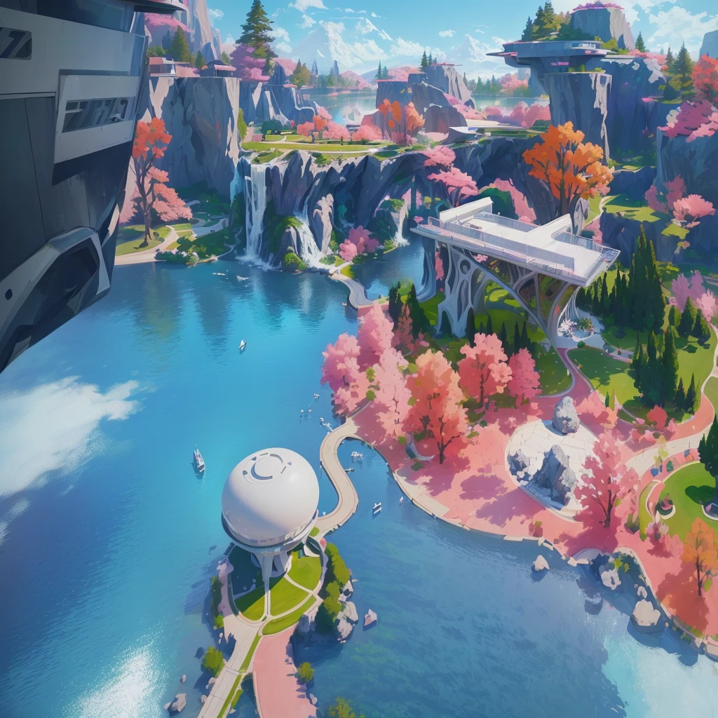 A modern park,There is a circle of rocks around,There is green grass on it,And pink fantasy grass,There is a clear lake in the center,Modern style building,Surrounded by fantasy-style trees and plants。Realistic style,Colorful concept art,, Digital painting concept art, environment, environment设计插图