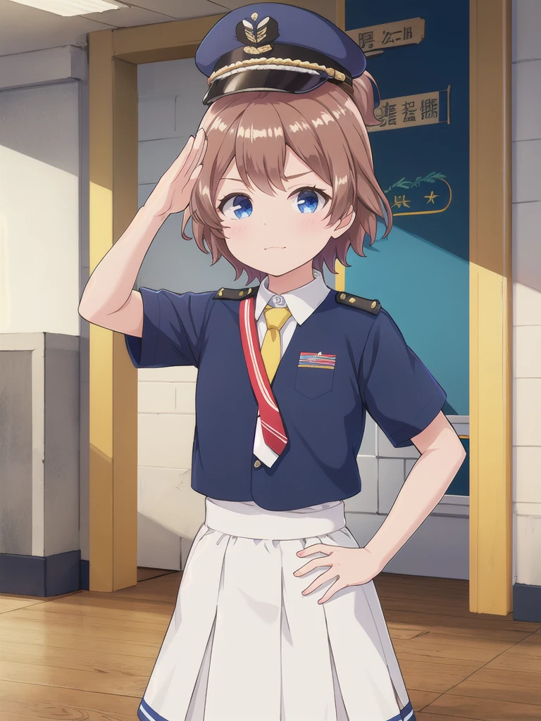 Highest quality,masterpiece,12 years old,serious,Close your mouth,blue eyes,indoor,School,corridor,Are standing,Upper Body, 顔 focus,Brown Hair, short hair, uniform,Yellow tie,White short sleeve,Blue Skirt,Close ~ eyes, salute,Medals,Navy uniform cap