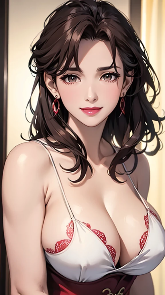 beauty,Mature,sexly,Married Woman,White collar,bangs,Brown curly hair,Big breasts,cleavage,Face red,Smile,lipstick,Upper body close-up,Crescent shaped earrings,Xiang Lian,Nipple showing