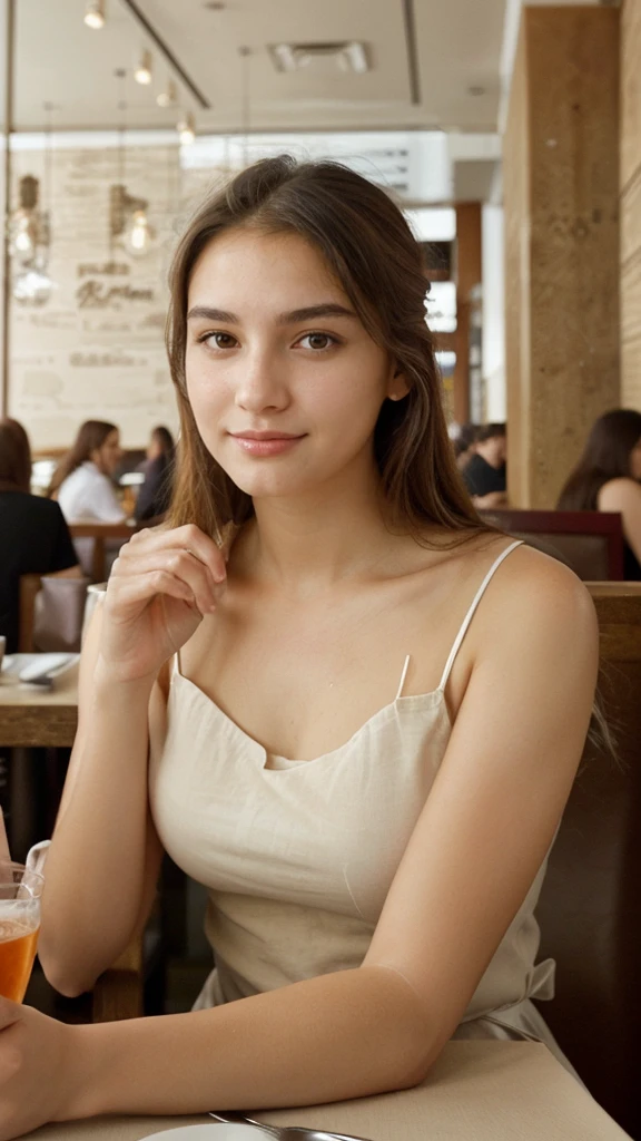 clear beautiful face, sitting in restaurant 