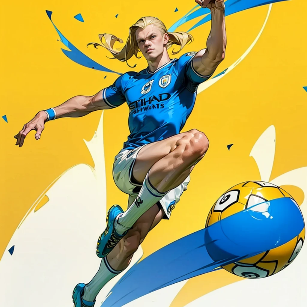 Random evolution, (1man), (full body version), tall man, muscle, Masculine, (his face scowls), albino skins, sport, football player, 1ball, (Blonde colored hair, Long Straight hairstyle, narrow eyes, hazel eyes), Manchester City blue t-shirt, White shorts, white socks, Grassroots, There's a ball, ((his pose is bicycle kick)), (((his foot right are on fire))), (((His right leg was burned))), (full background, football stadium background)