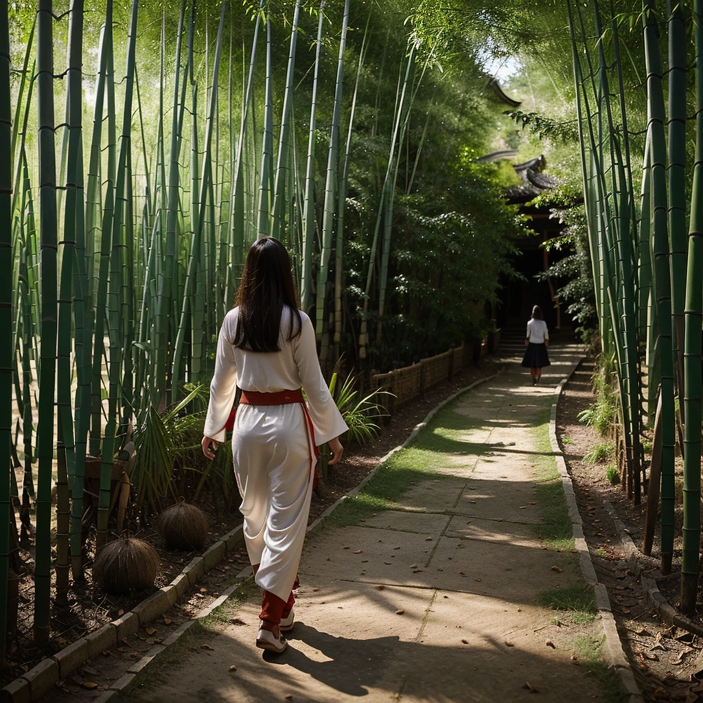 A girl wear Wuxia outfit walking away from the viewer. She walking in the path inside of bamboo forest, the light only came from the edge of path, leafs scattered on th ground, behind the bamboo trees a shadow with red eyes watching the girl, evening, shading light,