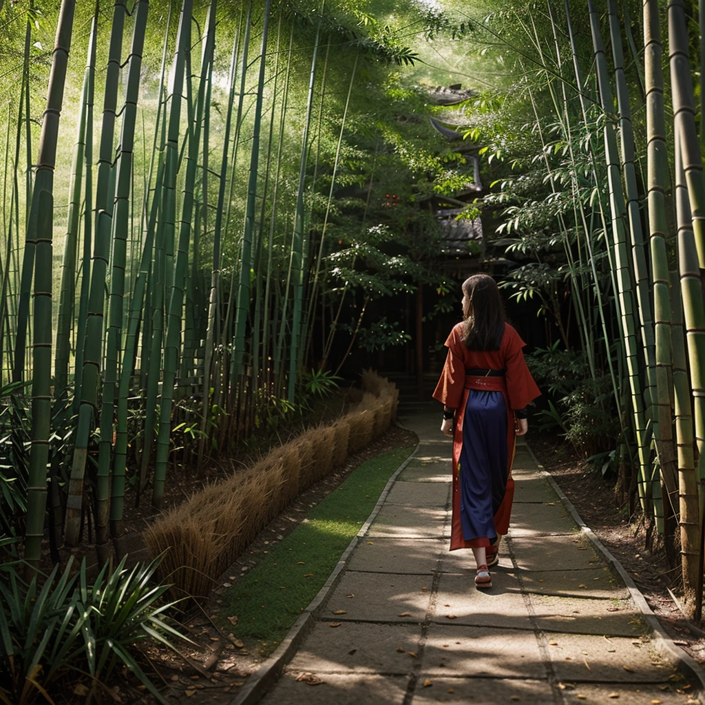  A girl wear Wuxia outfit walking away from the viewer. She walking in the path inside of bamboo forest, the light only came from the edge of path, leafs scattered on th ground, behind the bamboo trees a shadow with red eyes watching the girl, evening, shading light, 