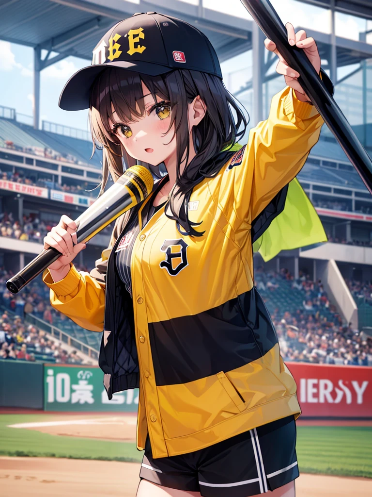 A girl in the stands at a baseball stadium、Fans of the Hanshin Tigers、Baseball Fan、Wear a long-sleeved Japanese-style open-front vest with yellow and black vertical stripes、Shorts、Hold the megaphone、I'm rooting for you、smile、Angle from below、Baseball hats、Double teeth、fine、Happy、Hands raised、