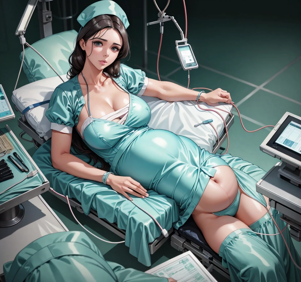 (give a score of 9_give a score of 8_give a score of 7)
Masterpiece, highest quality, best quality, view from top down,
in one hospital, 1 pregnant woman,approximately 38 years old, 9 months pregnant, not wearing underwear, not wearing clothes, surgical cap, the face looked pained, frown, close your eyes, lying on the operating table, lie on your back, Lying with arms spread out, spread your arms, on the operating bed, in the operating room, a blanket covered her large breasts, another blanket covered her long slender legs, close the chest, close the legs, open belly, show all your belly, Her pregnant belly was visible,The picture explains the situation while waiting to give birth,