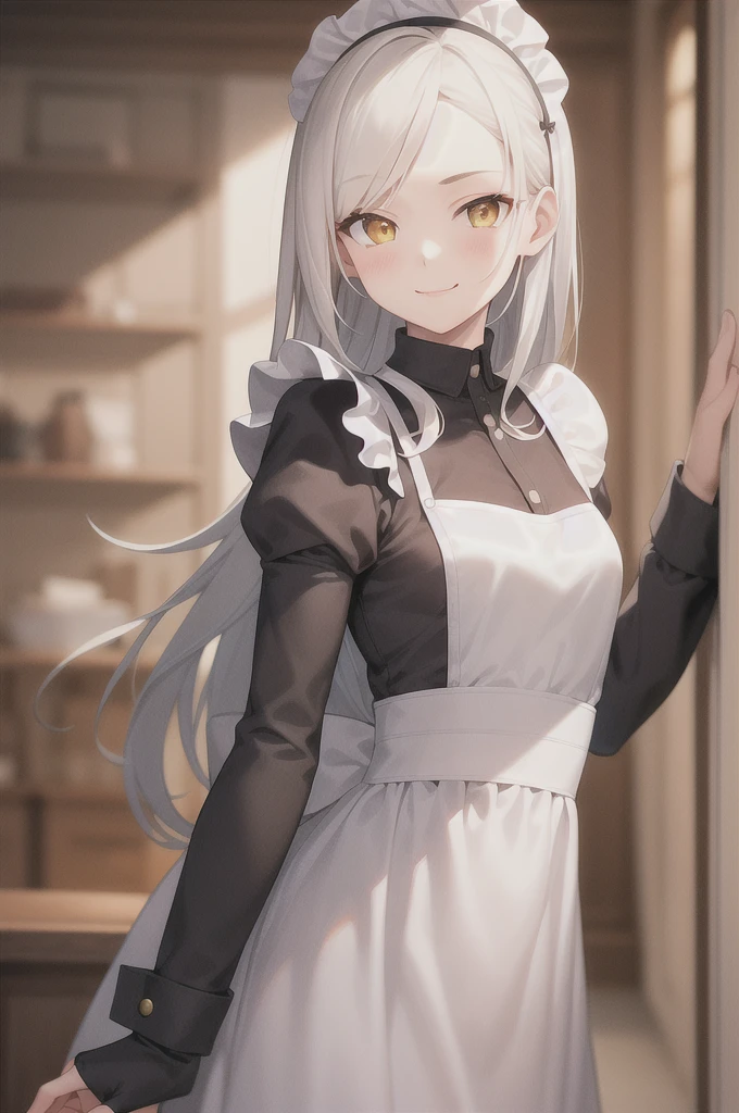 masterpiece, best quality, (illustration), solo, 1girl, small size, yellow-orange eyes,long hair, white hair, eyebrows, parted bangs, maid breasts, maid outfit, standing, upper body, smile, sexy, (looking at viewer), (close_up:0.85)