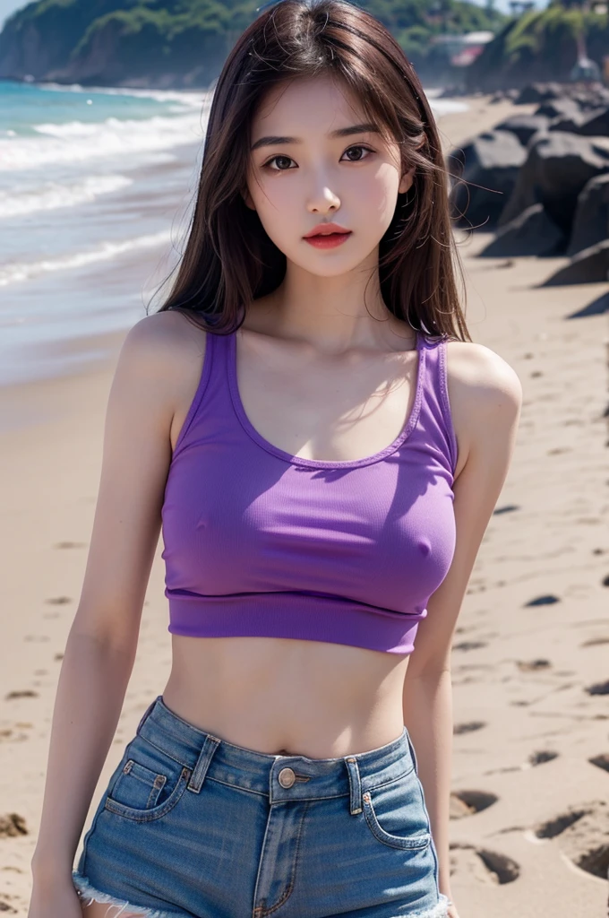 A very cute girl, solo, young, wearing purple tank top and short pants, big breasts, white and smooth skin, standing, long hairs, red lip, at beach, realistic face