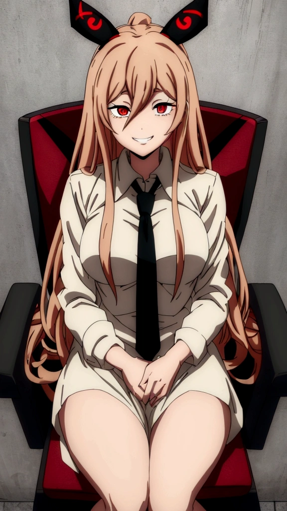 masterpiece、top-quality、hight resolution)、 Real life adaption for this character, Masterpiece, high quality, best lighting, cinematic, 1girl, anime girl with horns and a tie sitting in a chair, with red glowing eyes, evil smile and glowing eyes, demon anime girl, blonde anime girl with long hair, with glowing red eyes, malevolent smile, evil smile, junko enoshima, evil grin, uncanny smile, [[[[grinning evily]]]], wicked smile