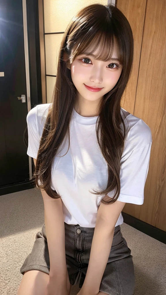 20-year-old girl,Japanese,Huge breasts, 1 girl per photo, Full Body Shot, View from the front, Japanese, cute girl, Luxurious appearance, Very cute face, The best smile,Glossy Lips, Sweaty body, Double eyelids on both eyes, Natural Makeup, Shiny and smooth light brown long hair, Asymmetrical bangs, Sunburned skin, Center image, 8K resolution, High detail, Detailed hairstyle, Detailed face, Great cinema lighting, Octane Rendering, Vibrant, Surreal, Perfect limbs, Perfect Anatomy,Just one T-shirt