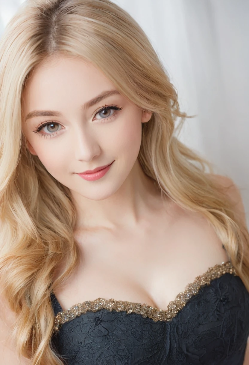 Leila、18-year-old、（Russian women）、（Cute face:1.3）、（Thin contours:1.3）、（Grey Eyes:1.6）、Blonde medium-long hair、（Big Breasts）、8-head-tall model style、Angle up to the knee、smile、Long dress、Inside the city of Tokyo