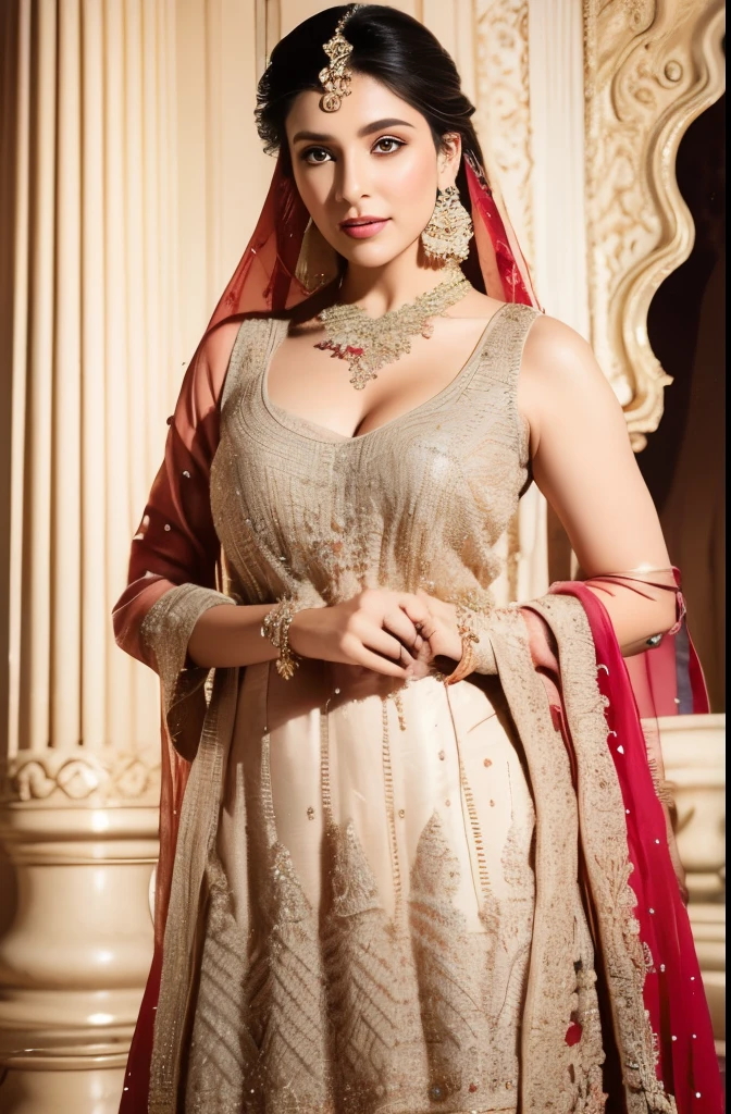 a tall very busty beautiful full toned body arabic women wearing tight sexy net full see through (full wet cloths) very short kurta shalwar shows her cleavage down towards the camera,perfect face,perfect eyes,HD details,high details,sharp focus,studio photo,HD makeup,shimmery makeup,celebrity makeup,((full body view)) heavy jewelry,((full huge breast)) ((large breast))((huge round breast))(( centered image)) (HD render)Studio portrait,magic, magical, fantasy,pov,((perfect flat belly)) (centered image)( bouncing breast)(soft lighting)