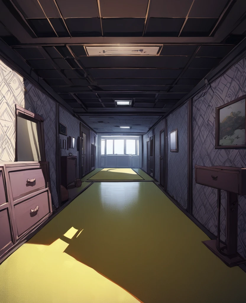 Keito。Purple Eyes。Purple Hair。Room with ceiling and wallpapered walls、怖いempty liminal space、Yellow carpet、indoor liminal space、empty liminal space、Carpeted floors、empty liminal space、The back room is empty、In the middle of an empty room、dim fluorescent lighting、Spooky liminal space