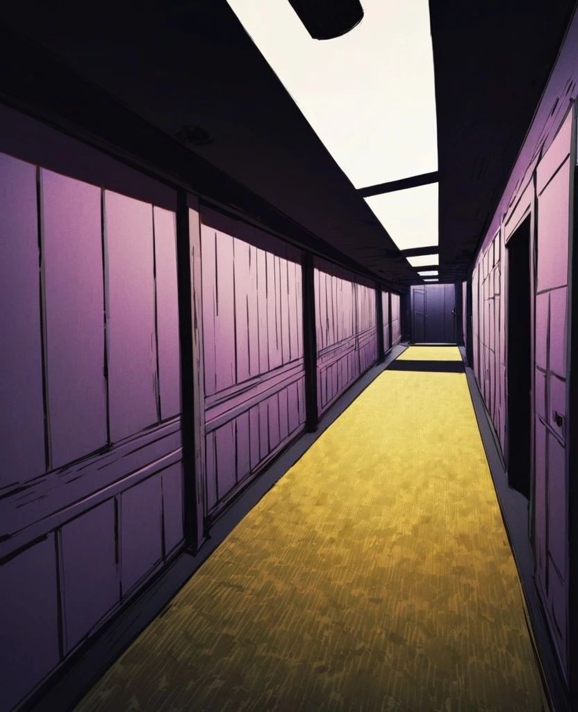 Keito。Purple Eyes。Purple Hair。Room with ceiling and wallpapered walls、怖いempty liminal space、Yellow carpet、indoor liminal space、empty liminal space、Carpeted floors、empty liminal space、The back room is empty、In the middle of an empty room、dim fluorescent lighting、Spooky liminal space