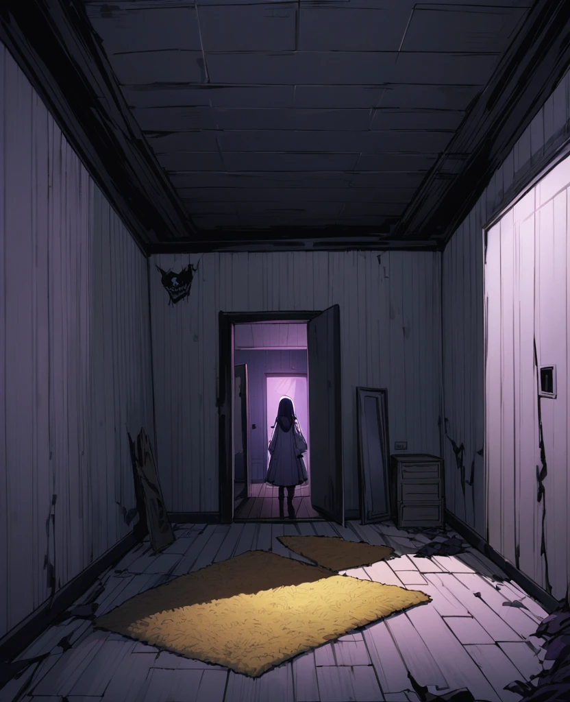 Keito。Purple Eyes。Purple Hair。Room with ceiling and wallpapered walls、怖いempty liminal space、Yellow carpet、indoor liminal space、empty liminal space、Carpeted floors、empty liminal space、The back room is empty、In the middle of an empty room、dim fluorescent lighting、Spooky liminal space