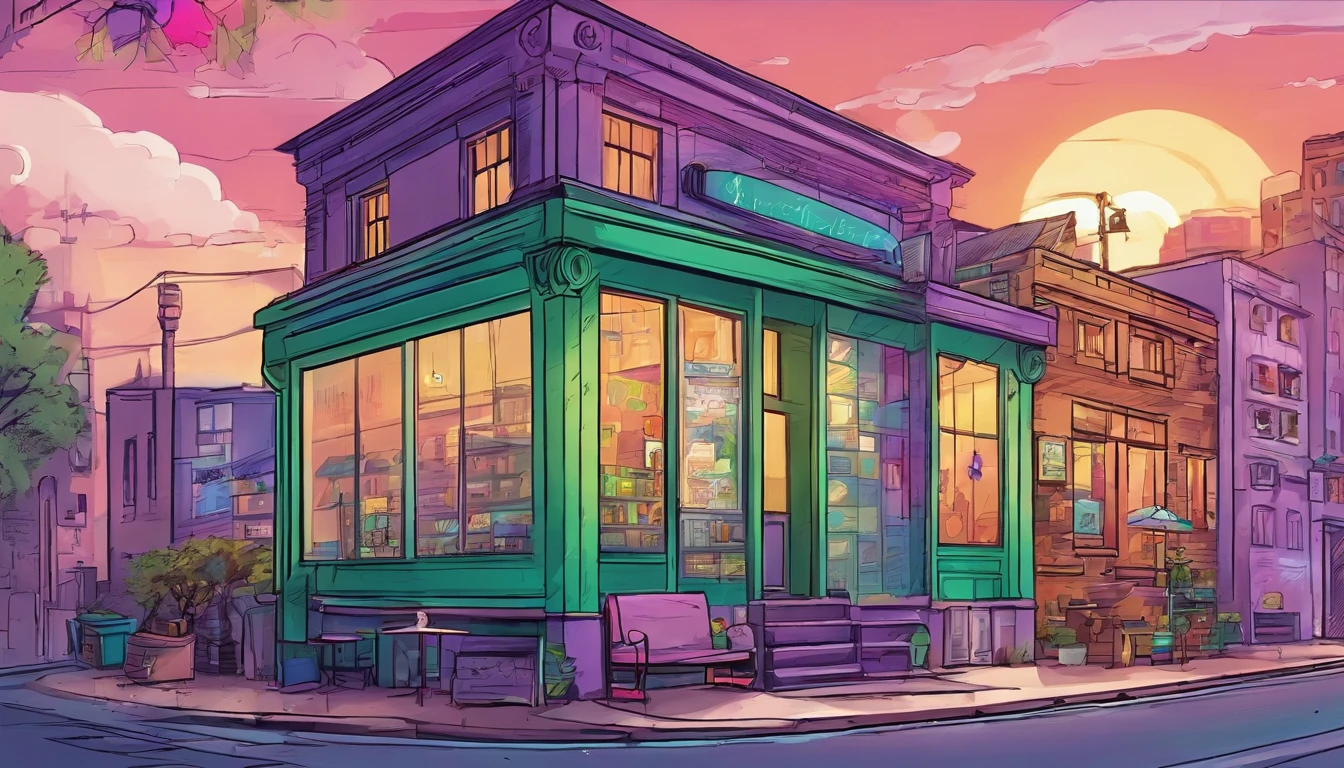 Classical coffeshop building, city street, sci-fi building background, detailed image, a little cat sleep on windows, elaborated background, dominated color green and purple, combine pastel color, sun softlight, evening after rainy days vibes, chill and cozy.