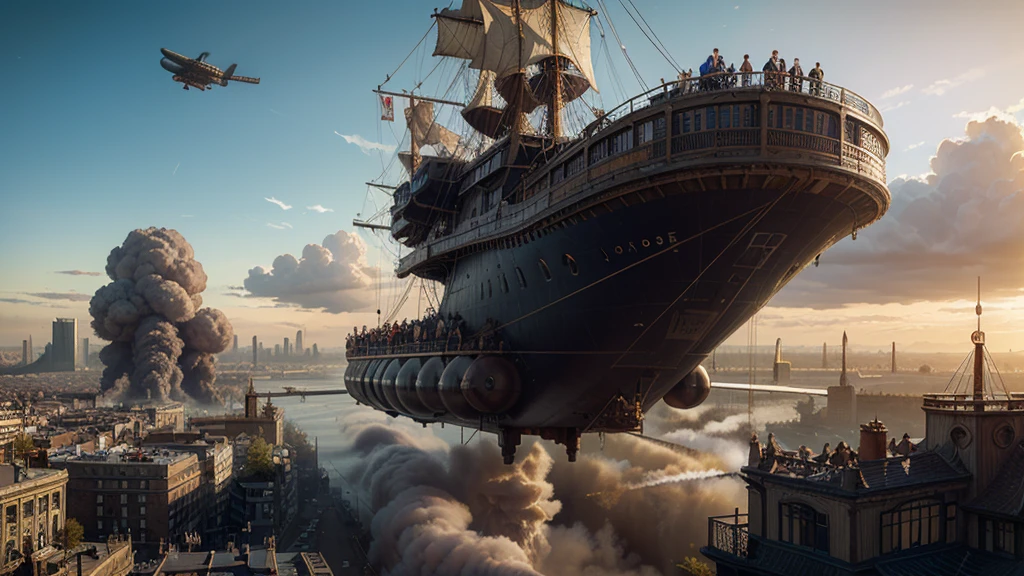 Illustrate a steampunk adventure scene with a colossal airship floating above a Victorian-style city. The airship should have intricate gears and steam-powered engines. Include characters in elaborate steampunk outfits, with goggles and mechanical arms, exploring the city below