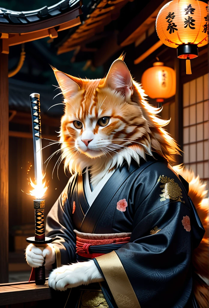 A Rogue samurai [Himura Kenshin:Takeru Satoh:0.1], detailed face, detailed hair, with a content face, sharpens his katana sword, beside him is big ginger mainecoon cat with beautiful fur, watch him with full caution, they both in a traditional Edo Era peasant house, insanely intricate detailed scene background, night lighting with lampions and torch, realistic style, best quality, masterpiece, ultrasharp focus, ultrahigh resolution, 8k, Midjourney 6 Aesthetic
