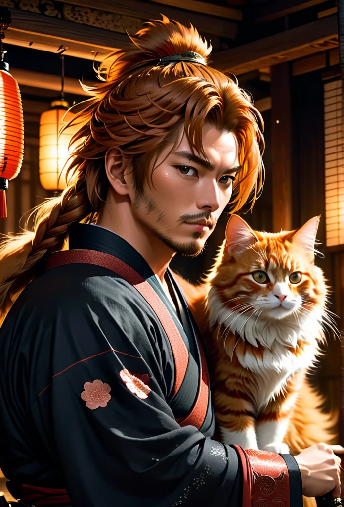 A Rogue samurai [Himura Kenshin:Takeru Satoh:0.1], detailed face, detailed hair, with a content face, sharpens his katana sword, beside him is big ginger mainecoon cat with beautiful fur, watch him with full caution, they both in a traditional Edo Era peasant house, insanely intricate detailed scene background, night lighting with lampions and torch, realistic style, best quality, masterpiece, ultrasharp focus, ultrahigh resolution, 8k, Midjourney 6 Aesthetic