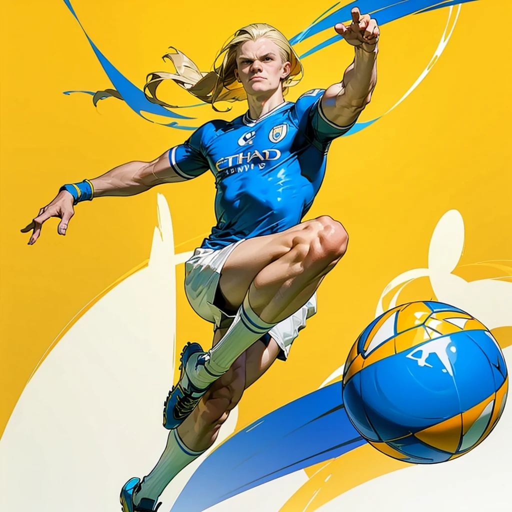 Random evolution, (1man), (full body version), tall man, muscle, Masculine, (his face scowls), albino skins, sport, football player, 1ball, (Blonde colored hair, Long Straight hairstyle, narrow eyes, hazel eyes), Manchester City blue t-shirt, White shorts, white socks, Grassroots, There's a ball, ((his pose is bicycle kick)), (((his foot right are on fire))), (((His right leg was burned))), (full background, football stadium background)