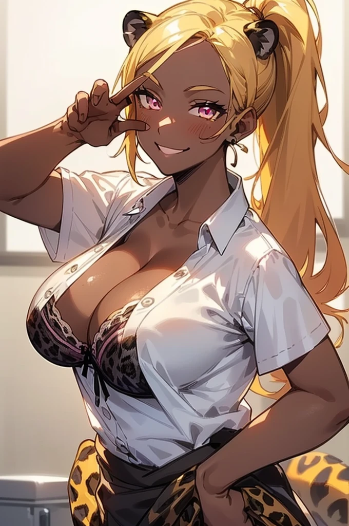 {masterpiece, distinct_image, extremely detailed CG, beautiful eyes and detailed face,realistic, photo realistic, 4k, 8k, high_resolution,perfect_finger, (beautiful_detailed_eyes:1.3), glitter, white_light, (glow_white_face, front_light:1.3), summer_light{1girl, face_focus,cowboy_shot, looking for_in_viewer, standing, (piece sign pose:1.6) },{adult, curvy, (huge_breasts, wide_hip:1.3), navel, skinny_stomach,tight_gap, groin (white short sleeve Y-shirt, black_short_skirt, cleavage, {The most perfectly hidden leopard print bra in a white shirt:1.7), (brown Cardigan tied around the waist: 1.6), nail_art, long nails, gold earrings, black neck choke, (tanning_skin, black_skin:1.6), white collar:1.5), (yellow_hair, pink_eyes, long_hair, right_side_ponytail:1.3), (smiling face:1.3), sweat}