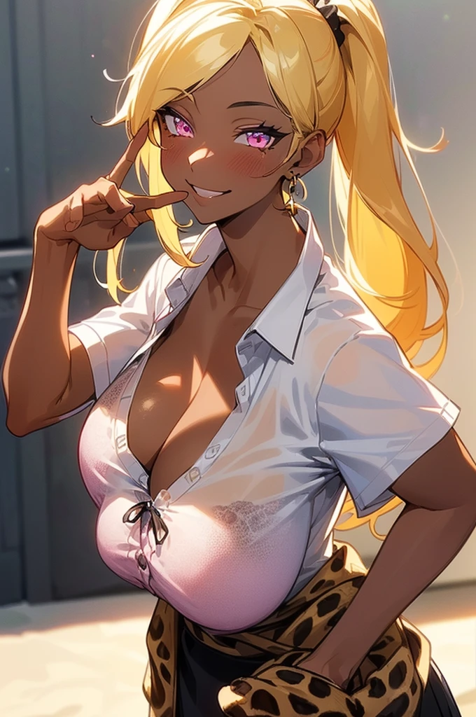 {masterpiece, distinct_image, extremely detailed CG, beautiful eyes and detailed face,realistic, photo realistic, 4k, 8k, high_resolution,perfect_finger, (beautiful_detailed_eyes:1.3), glitter, white_light, (glow_white_face, front_light:1.3), summer_light{1girl, face_focus,cowboy_shot, looking for_in_viewer, standing, (piece sign pose:1.6) },{adult, curvy, (huge_breasts, wide_hip:1.3), navel, skinny_stomach,tight_gap, groin (white short sleeve Y-shirt, black_short_skirt, cleavage, {The most perfectly hidden leopard print bra in a white shirt:1.7), (brown Cardigan tied around the waist: 1.6), nail_art, long nails, gold earrings, black neck choke, (tanning_skin, black_skin:1.6), white collar:1.5), (yellow_hair, pink_eyes, long_hair, right_side_ponytail:1.3), (smiling face:1.3), sweat}