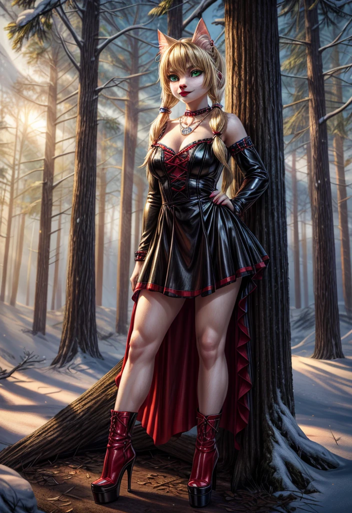 UHD 8k, HDR+, cute blonde anthro female Cat with a necklace, large piercing green eyes, huge earrings, giant earrings, blonde with pigtails, fluffy cat with a snow-white fluffy tail, Black leather high heel boots, High heels, Red gothic dress, Against the background of the summer forest, detailed background, realistic, 1girl, solo girl, 20 year old girl, ultra realistic face, hyperrealistic, hyperdetailed, (looking at viewers), sharpen, detailed face, detailed eyes, detailed lips, red lips, beautiful face, 16k, FHD, raw photo, cute face mesh, pretty face mesh, portrait shot 8 k