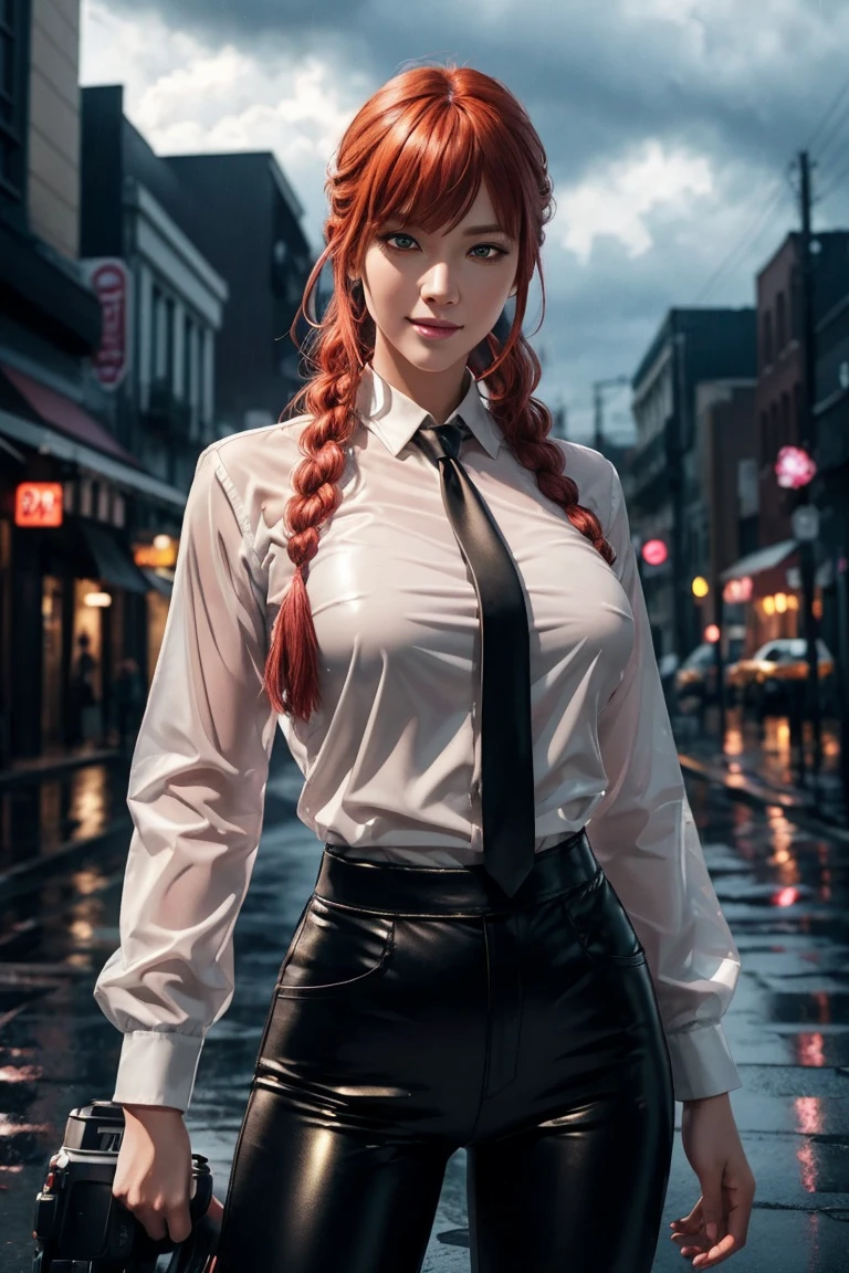 Chainsaw Man,Makima,With bangs,Red Hair,Braids at the back,Golden Eyes,White long sleeve shirt,Black tie,Black Leather Pants,Ultra HD,super high quality,masterpiece,Digital SLR,Photorealistic,Detailed details,Vivid details,Depicted in detail,A detailed face,Detailed details,Super Detail,Realistic skin texture,Anatomical basis,Perfect Anatomy,Anatomically correct hand,Anatomically correct fingers,Complex 3D rendering,Sexy pose,Rainy Sky,Beautiful scenery,Fantastic rainy sky,Picturesque,Pink Lips,smile,
