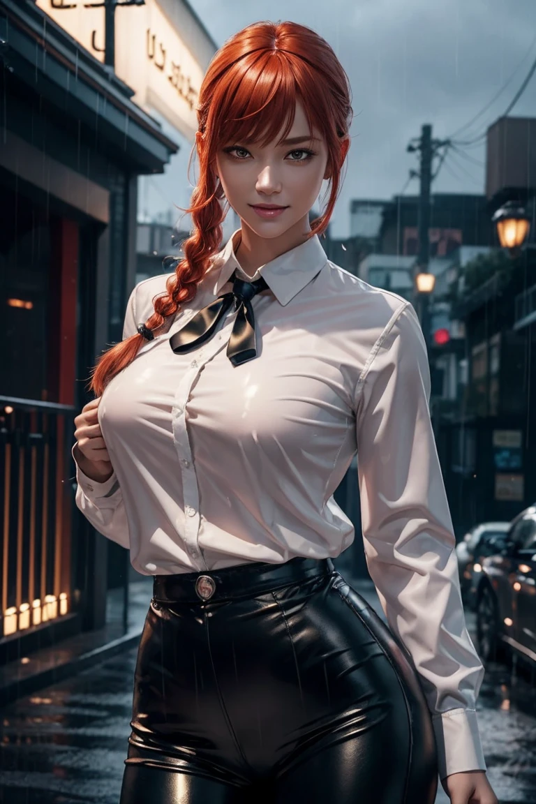 Chainsaw Man,Makima,With bangs,Red Hair,Braids at the back,Golden Eyes,White long sleeve shirt,Black tie,Black Leather Pants,Ultra HD,super high quality,masterpiece,Digital SLR,Photorealistic,Detailed details,Vivid details,Depicted in detail,A detailed face,Detailed details,Super Detail,Realistic skin texture,Anatomical basis,Perfect Anatomy,Anatomically correct hand,Anatomically correct fingers,Complex 3D rendering,Sexy pose,Rainy Sky,Beautiful scenery,Fantastic rainy sky,Picturesque,Pink Lips,smile,