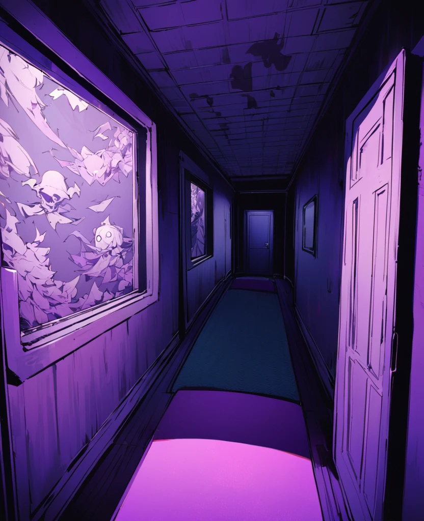 Keito。Purple Eyes。Purple Hair。Room with ceiling and wallpapered walls、怖いempty liminal space、Yellow carpet、indoor liminal space、empty liminal space、Carpeted floors、empty liminal space、The back room is empty、In the middle of an empty room、dim fluorescent lighting、Spooky liminal space