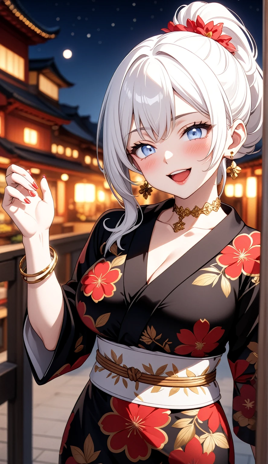 ((One personの女性)), Beautiful Face, (Laughing embarrassedly), (laugh:1.2),((Wink:1.9)), (head tilt:1.3), Laugh with your mouth wide open, upper teeth, looking down at viewer, ((Bright red cheeks:1.4)),Glossy Red Lips,rooftop, firework, Glossy red lips, Shining Face, ((Anime style background)),masterpiece, Highest quality, so beautiful,up to date, Complex details, (Pink long nails),(ring),(bracelet),(Floral choker),AI-generated, Complex,High resolution, Highest quality, super high quality,3D Images、3D Images,One person,Long white hair,High Ponytail, Anime woman posing for a photo,(blue eyes), ((Fine grain、Silvery white, lightly pigmented eyes、Shining Eyes:1.3)), (Squint your eyes:1.1),a hyperRealistic , hyperRealistic , Realistic,Anime woman with long white hair, Smooth anime CG art, A woman in a colorful kimono with gold embroidery, (Black long sleeve kimono),Red floral pattern,Long flower hair ornament,Earrings,Mature Body,(Big Breasts:1.1),Tall,Abdominal muscles,Tight waist,(Zoom up to face:1.4), (front view),