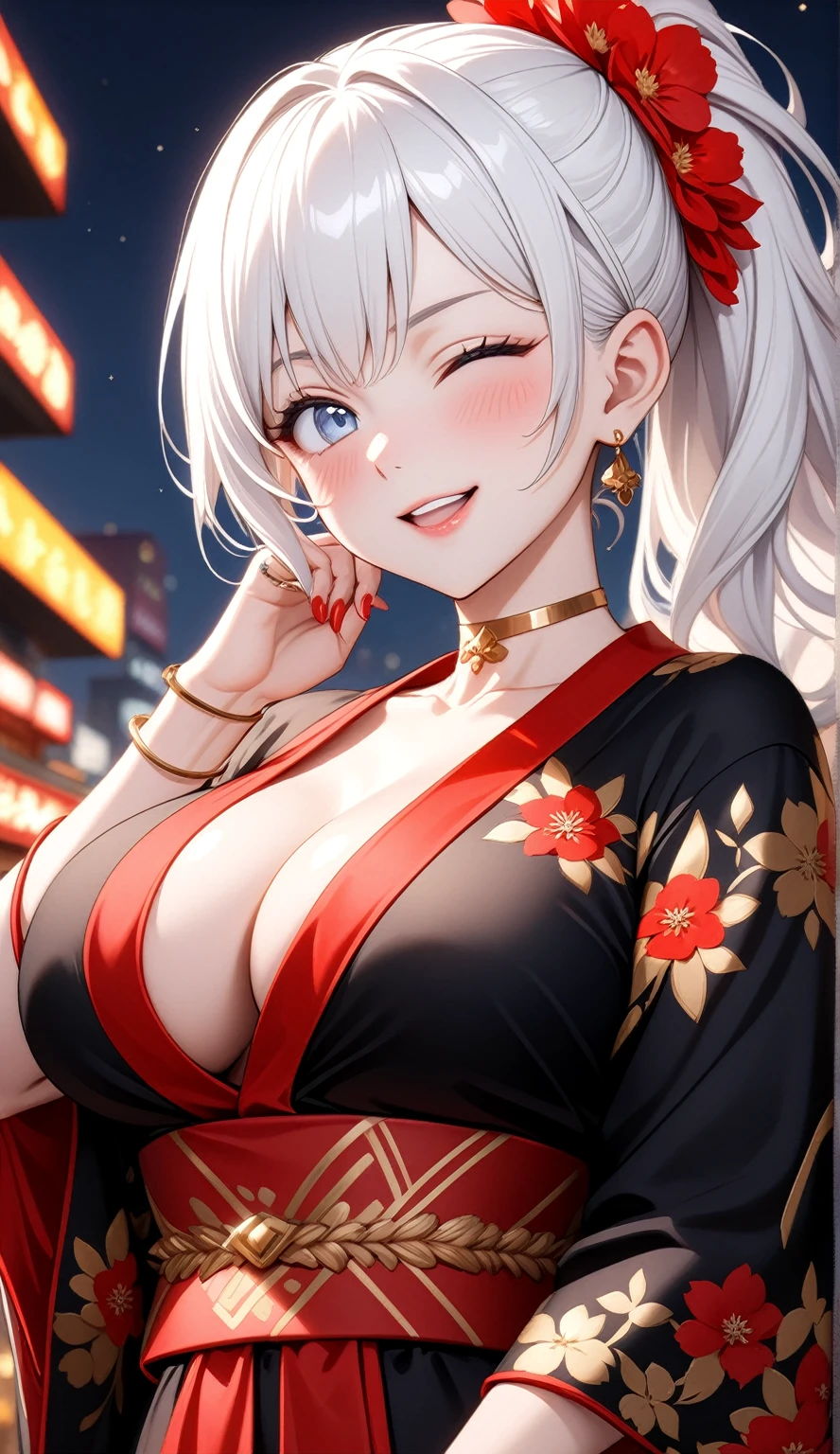 ((One personの女性)), Beautiful Face, (Laughing embarrassedly), (laugh:1.2),((Wink:1.9)), (head tilt:1.3), Laugh with your mouth wide open, upper teeth, looking down at viewer, ((Bright red cheeks:1.4)),Glossy Red Lips,rooftop, firework, Glossy red lips, Shining Face, ((Anime style background)),masterpiece, Highest quality, so beautiful,up to date, Complex details, (Pink long nails),(ring),(bracelet),(Floral choker),AI-generated, Complex,High resolution, Highest quality, super high quality,3D Images、3D Images,One person,Long white hair,High Ponytail, Anime woman posing for a photo,(blue eyes), ((Fine grain、Silvery white, lightly pigmented eyes、Shining Eyes:1.3)), (Squint your eyes:1.1),a hyperRealistic , hyperRealistic , Realistic,Anime woman with long white hair, Smooth anime CG art, A woman in a colorful kimono with gold embroidery, (Black long sleeve kimono),Red floral pattern,Long flower hair ornament,Earrings,Mature Body,(Big Breasts:1.1),Tall,Abdominal muscles,Tight waist,(Zoom up to face:1.4), (front view),