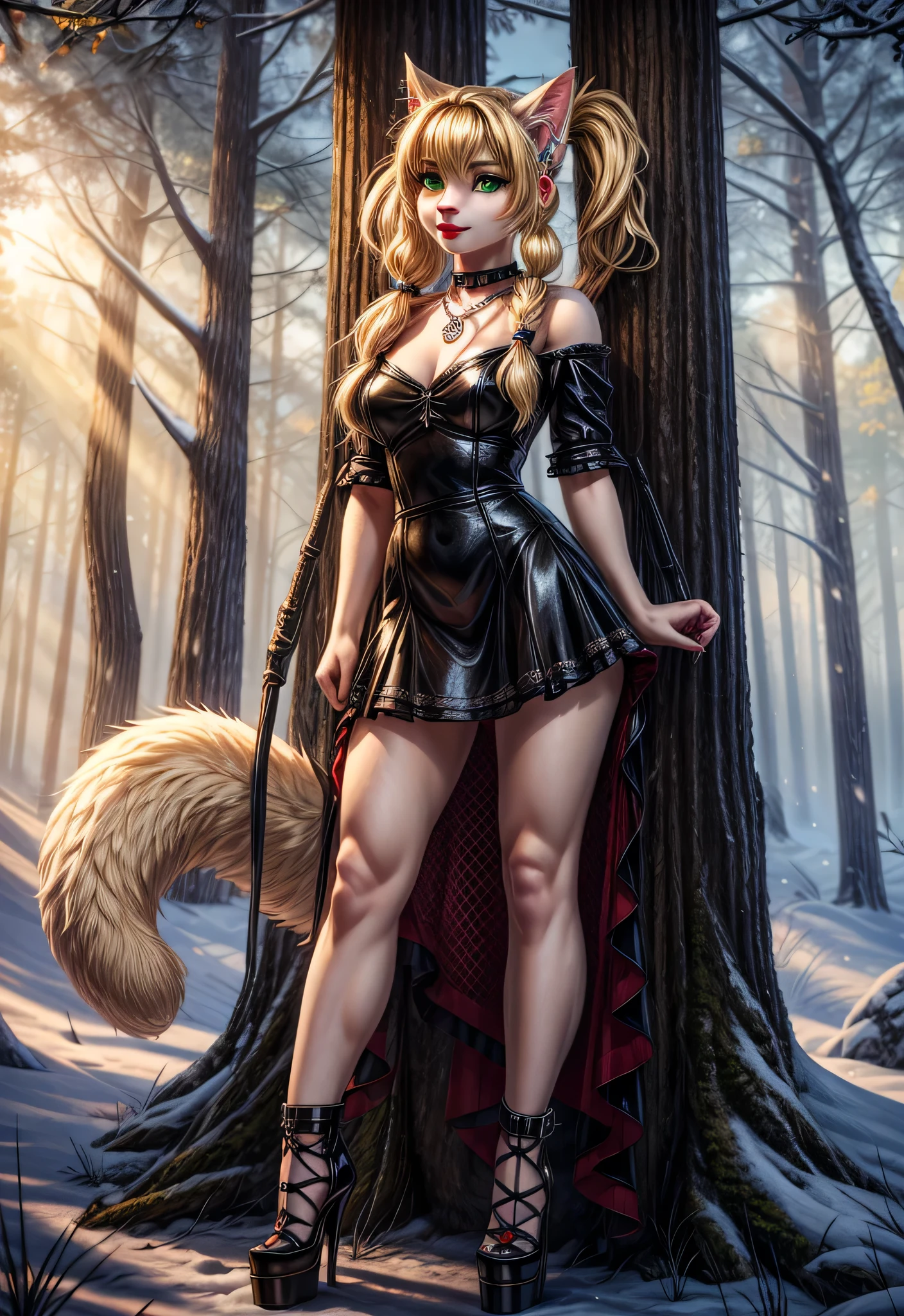 UHD 8k, HDR+, cute blonde anthro female Cat with a necklace, large piercing green eyes, huge earrings, giant earrings, blonde with pigtails, fluffy cat with a snow-white fluffy tail, Black leather high heel boots, High heels, Red gothic dress, Against the background of the summer forest, detailed background, realistic, 1girl, solo girl, 20 year old girl, ultra realistic face, hyperrealistic, hyperdetailed, (looking at viewers), sharpen, detailed face, detailed eyes, detailed lips, red lips, beautiful face, 16k, FHD, raw photo, cute face mesh, pretty face mesh, portrait shot 8 k