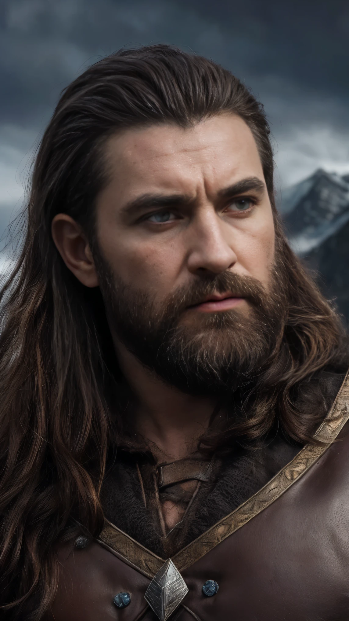 a detailed portrait of Thorin Oakenshield, a Durin's folk dwarf, with dark wavy hair, cinematic lighting, in front of the Lonely Mountain Erebor, fantasy, (best quality,4k,8k,highres,masterpiece:1.2),ultra-detailed,(realistic,photorealistic,photo-realistic:1.37),dramatic lighting,dramatic pose,detailed facial features,piercing eyes,strong jawline,rugged features,ornate dwarf armor,fur-lined cloak,majestic mountain backdrop,dramatic cloudy sky,warm color palette