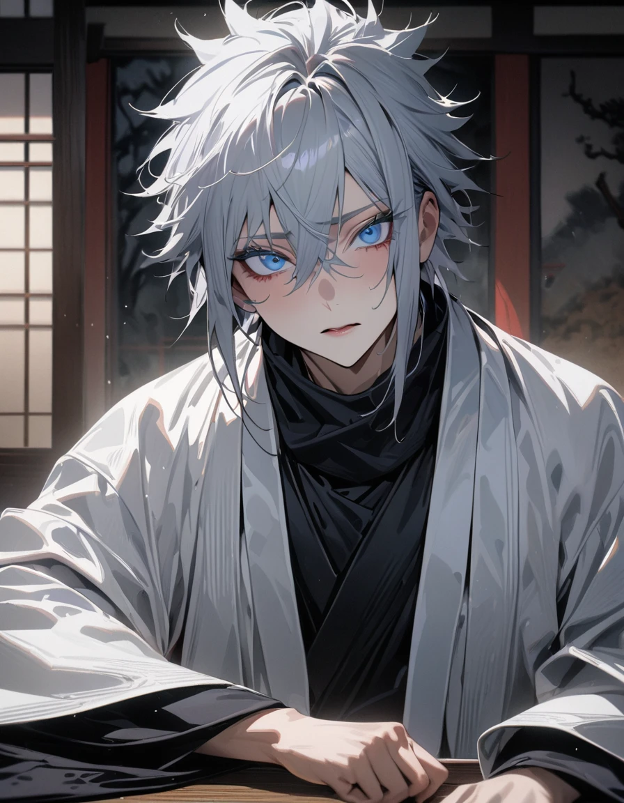 Absurd, High resolution, Super detailed, High resolution, masterpiece, Highest quality, Gojo Satoru, Gray Hair, Hair between the eyes, White eyelashes, Expressive blue eyes, alone, 1 person, good looking, JUJUTSU KAİSEN, white haori, Black kimono, Black scarf, Japanese-style room, Highly detailed face and eyes