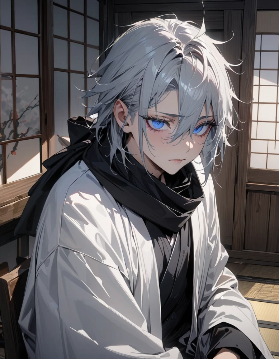 Absurd, High resolution, Super detailed, High resolution, masterpiece, Highest quality, Gojo Satoru, Gray Hair, Hair between the eyes, White eyelashes, Expressive blue eyes, alone, 1 person, good looking, JUJUTSU KAİSEN, white haori, Black kimono, Black scarf, Japanese-style room, Highly detailed face and eyes