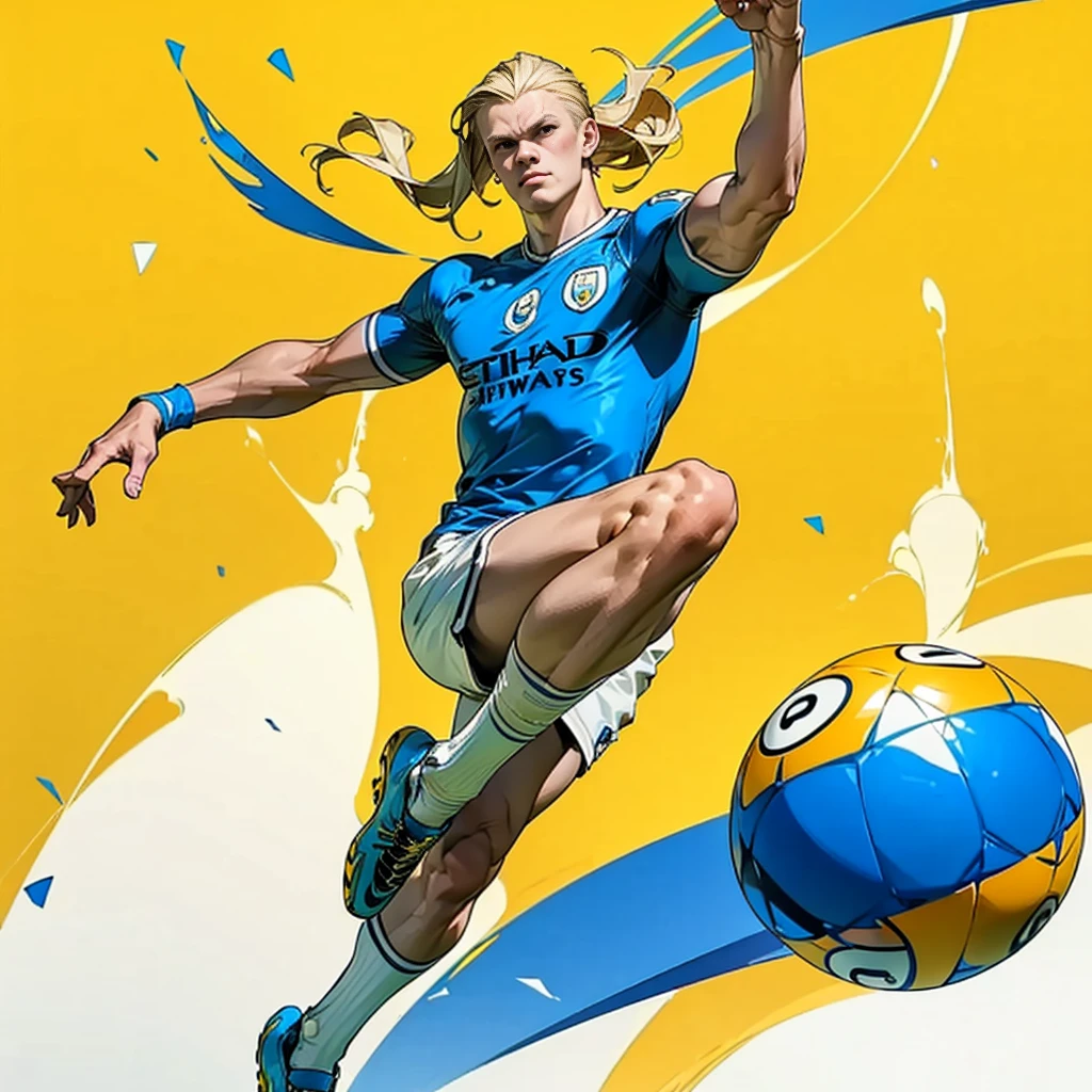 Random evolution, (1man), (full body version), tall man, muscle, Masculine, (his face scowls), albino skins, sport, football player, 1ball, (Blonde colored hair, Long Straight hairstyle, narrow eyes, hazel eyes), Manchester City blue t-shirt, White shorts, white socks, Grassroots, There's a ball, ((his pose is bicycle kick)), (((his foot right are on fire))), (((His right leg was burned))), (full background, football stadium background)