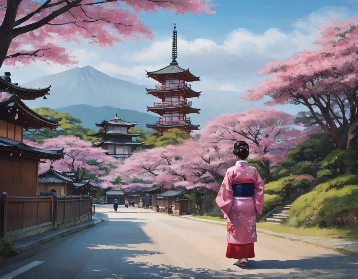 This image depicts a beautiful young woman in traditional Japanese attire, a kimono, standing in front of an old, picturesque street that leads to a multi-storied pagoda. The setting appears to be a historical area in Japan, possibly Kyoto, known for its well-preserved districts with such architecture. The kimono is pink with a detailed obi belt, and the woman's hair is styled elegantly, adding to the authenticity of the cultural attire. The background is vibrant with the warm hues of wooden buildings and a blue sky scattered with clouds. The pagoda in the background and the surrounding greenery, including pink flowers, enhance the traditional and serene feel of the scene. It’s a bright, clear day, and the woman’s content expression suggests a peaceful and reflective moment as she enjoys the beauty of her surroundings.