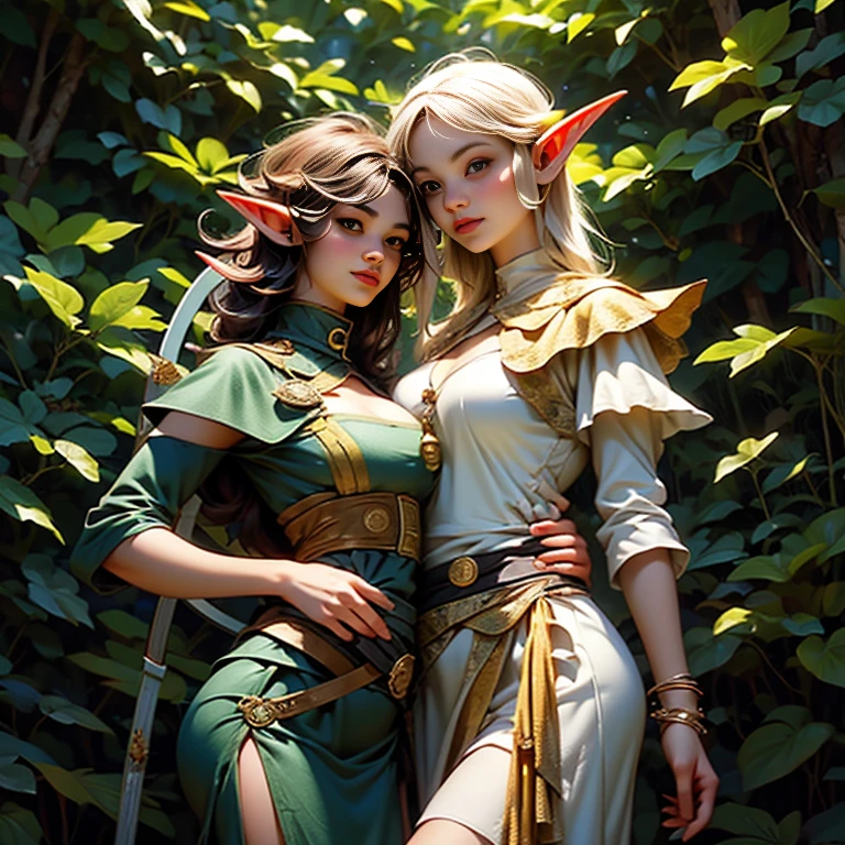 sexy young teenager ((elf)) princesses with pale white skin, one with black hair and blue eyes, the other with blonde hair and green eyes, wearing see-through white and green dresses, in a starry forest ((in the night)), ((dark nightsky)). high quality. masterpiece. glowy. breasts exposed, breasts revealed. crotch exposed, crotch revealed. ((pubic hair)). ((wet, sweating)). groping each other sensually, seducing each other, kissing, masturbating. Fantasy, Medieval.