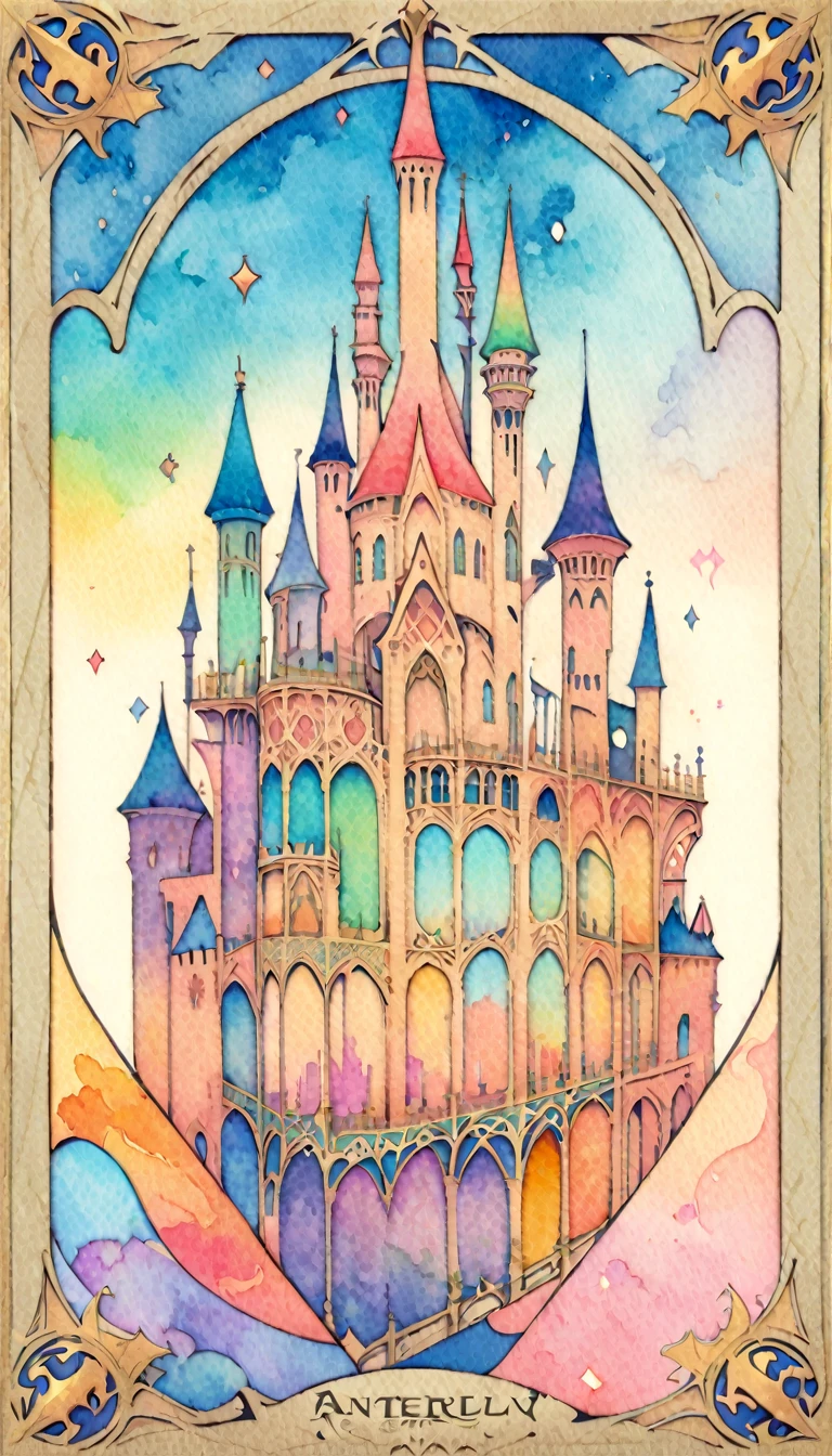 a flat nouveau card, flat colors, colorful palette, watercolor palette, castle, card, swords, composed, filligree, border, tiled border, custom tile patterns, corner patterns,
