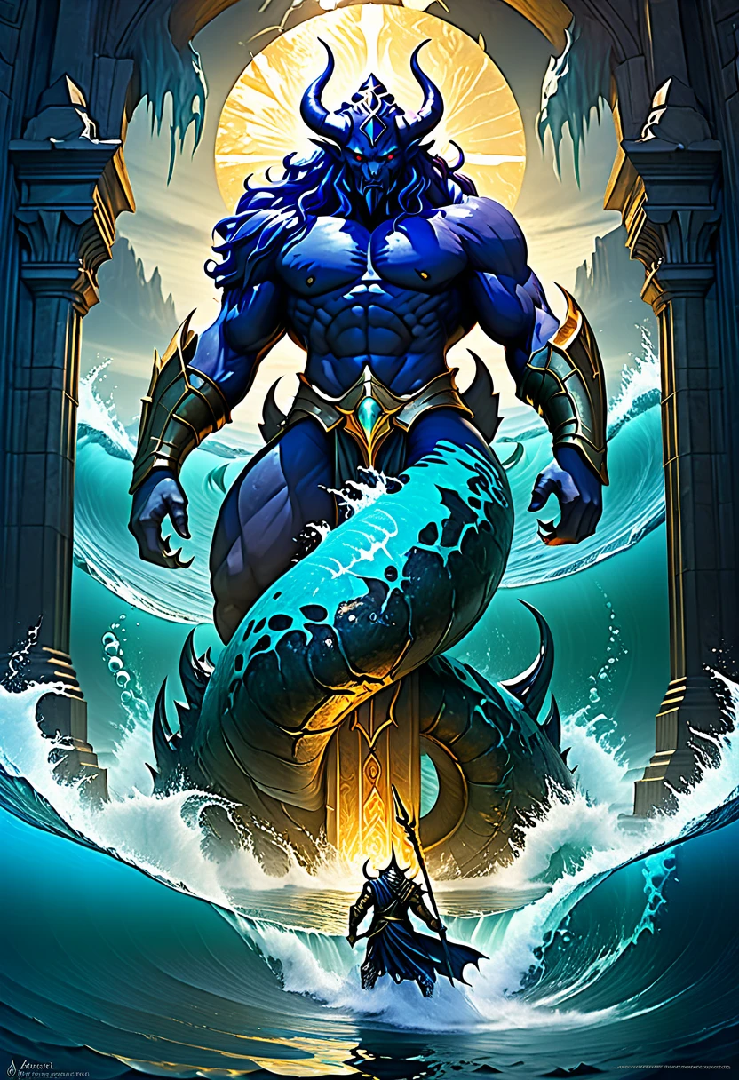 Atlantean warriors, Hedra, emerges as a luminary demon from the depths of the ocean, in the centre of which is a gigantic demaged portal through which a great flood of life can be seen, heralding a new age of terror.  vast,  Ultramarine, Atlantis, Concept art, exquisite detail, golden ratio, matte painting, cinematic, cgsociety, jason