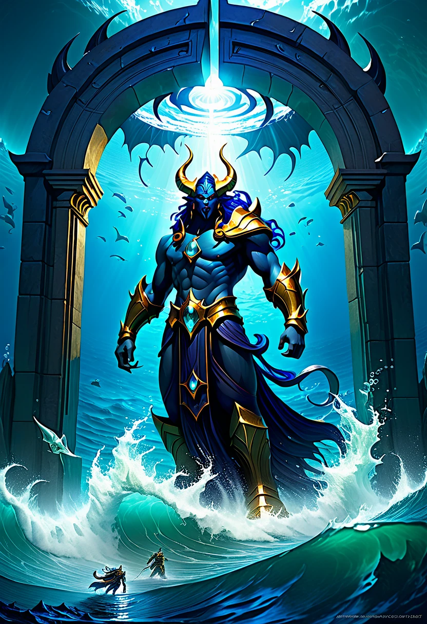 Atlantean warriors, Hedra, emerges as a luminary demon from the depths of the ocean, in the centre of which is a gigantic demaged portal through which a great flood of life can be seen, heralding a new age of terror.  vast,  Ultramarine, Atlantis, Concept art, exquisite detail, golden ratio, matte painting, cinematic, cgsociety, jason