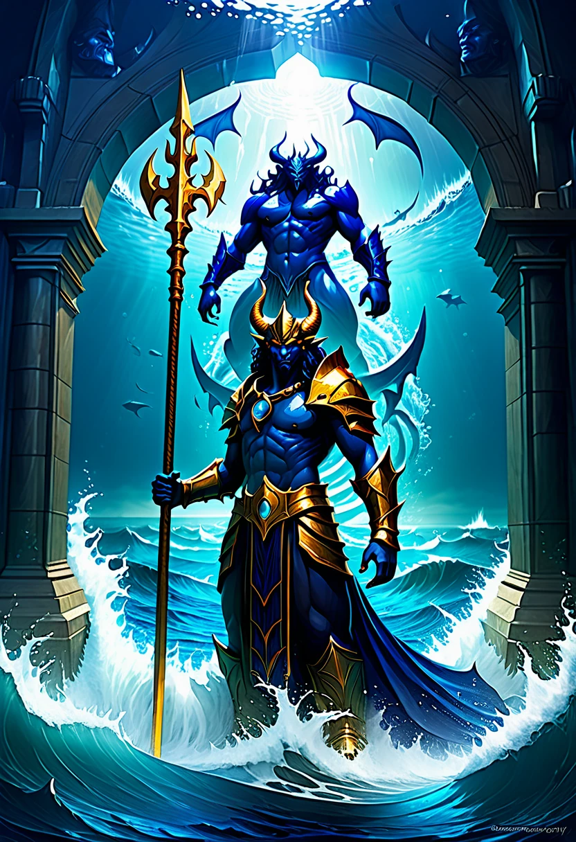 Atlantean warriors, Hedra, emerges as a luminary demon from the depths of the ocean, in the centre of which is a gigantic demaged portal through which a great flood of life can be seen, heralding a new age of terror.  vast,  Ultramarine, Atlantis, Concept art, exquisite detail, golden ratio, matte painting, cinematic, cgsociety, jason