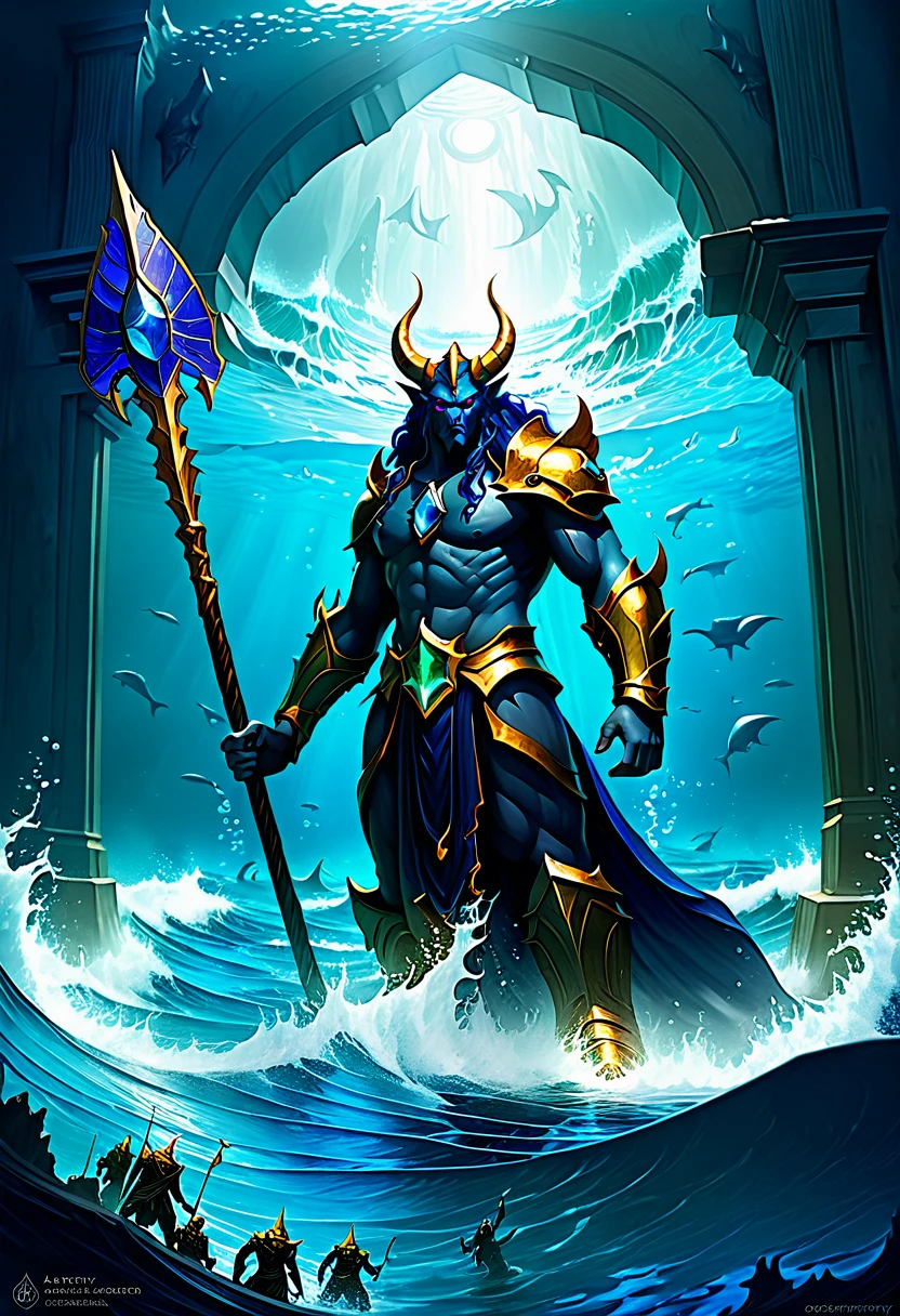 Atlantean warriors, Hedra, emerges as a luminary demon from the depths of the ocean, in the centre of which is a gigantic demaged portal through which a great flood of life can be seen, heralding a new age of terror.  vast,  Ultramarine, Atlantis, Concept art, exquisite detail, golden ratio, matte painting, cinematic, cgsociety, jason