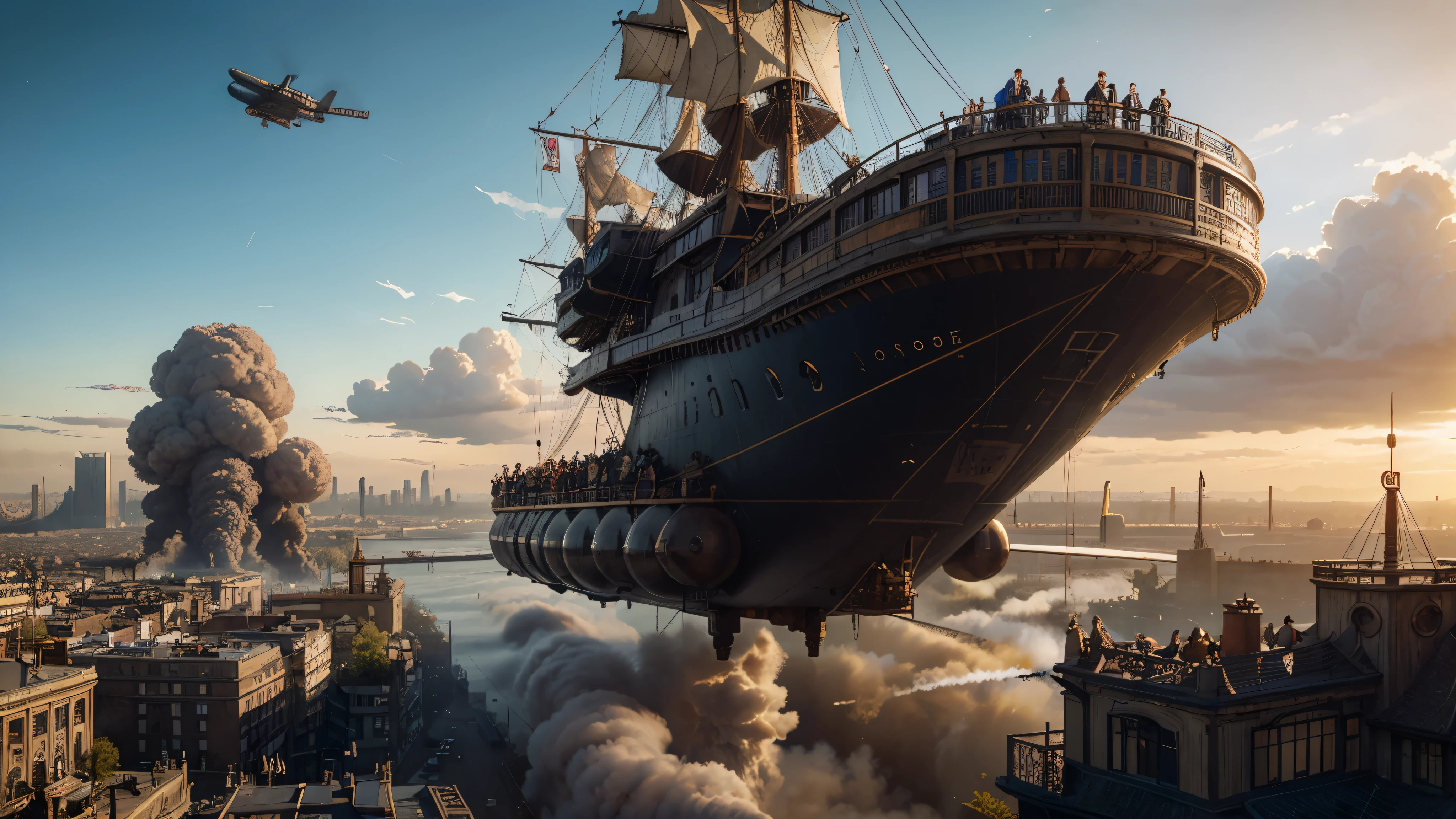 Illustrate a steampunk adventure scene with a colossal airship floating above a Victorian-style city. The airship should have intricate gears and steam-powered engines. Include characters in elaborate steampunk outfits, with goggles and mechanical arms, exploring the city below