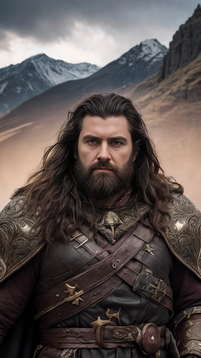 a detailed portrait of Thorin Oakenshield, a Durin's folk dwarf, with dark wavy hair, cinematic lighting, in front of the Lonely Mountain Erebor, fantasy, (best quality,4k,8k,highres,masterpiece:1.2),ultra-detailed,(realistic,photorealistic,photo-realistic:1.37),dramatic lighting,dramatic pose,detailed facial features,piercing eyes,strong jawline,rugged features,ornate dwarf armor,fur-lined cloak,majestic mountain backdrop,dramatic cloudy sky,warm color palette
