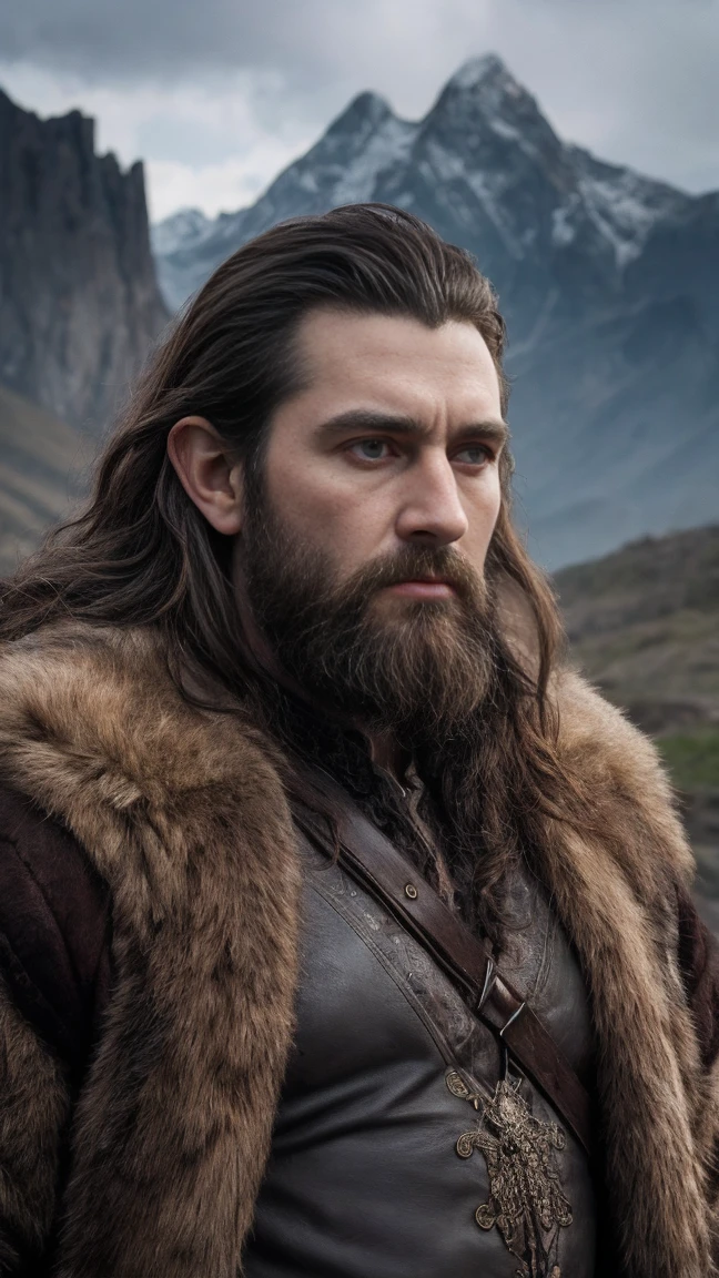 a detailed portrait of Thorin Oakenshield, a Durin's folk dwarf, with dark wavy hair, cinematic lighting, in front of the Lonely Mountain Erebor, fantasy, (best quality,4k,8k,highres,masterpiece:1.2),ultra-detailed,(realistic,photorealistic,photo-realistic:1.37),dramatic lighting,dramatic pose,detailed facial features,piercing eyes,strong jawline,rugged features,ornate dwarf armor,fur-lined cloak,majestic mountain backdrop,dramatic cloudy sky,warm color palette