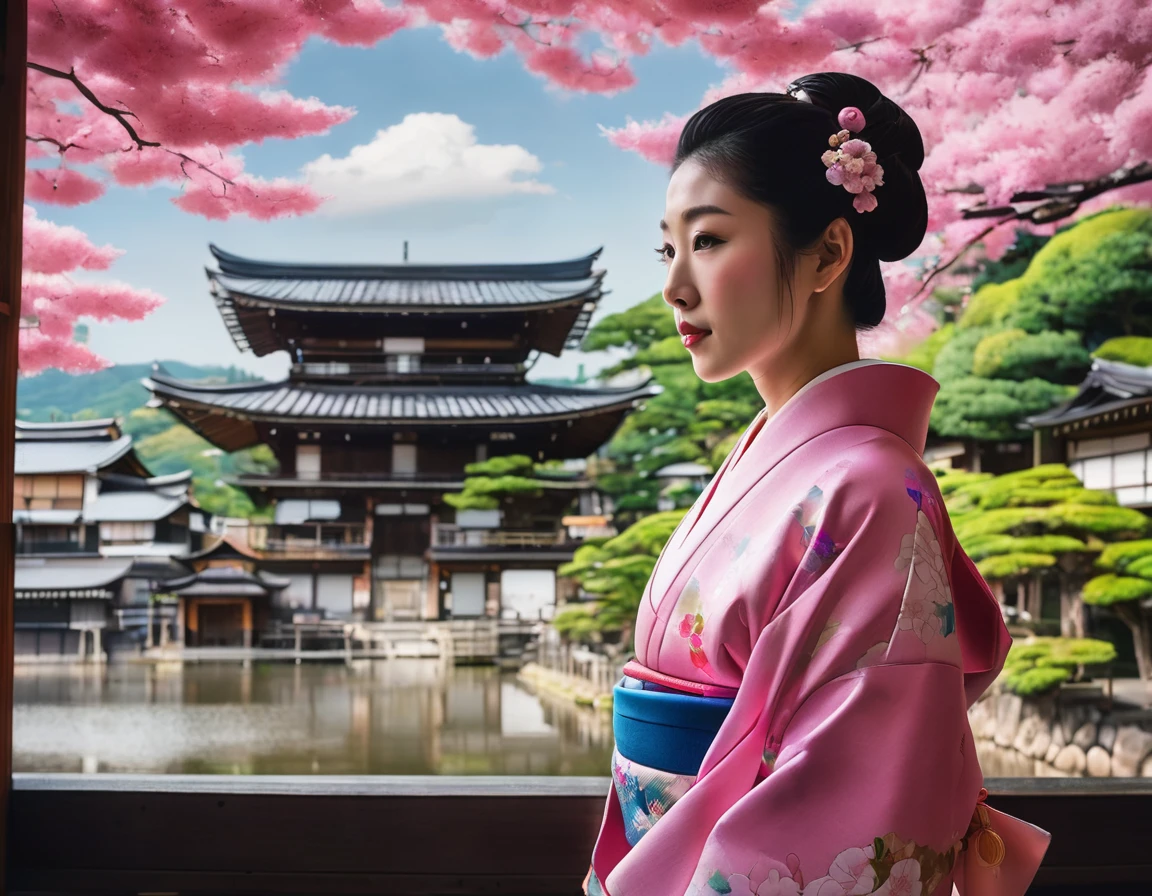 This image depicts a beautiful young woman in traditional Japanese attire, a kimono, standing in front of an old, picturesque street that leads to a multi-storied pagoda. The setting appears to be a historical area in Japan, possibly Kyoto, known for its well-preserved districts with such architecture. The kimono is pink with a detailed obi belt, and the woman's hair is styled elegantly, adding to the authenticity of the cultural attire. The background is vibrant with the warm hues of wooden buildings and a blue sky scattered with clouds. The pagoda in the background and the surrounding greenery, including pink flowers, enhance the traditional and serene feel of the scene. It’s a bright, clear day, and the woman’s content expression suggests a peaceful and reflective moment as she enjoys the beauty of her surroundings.