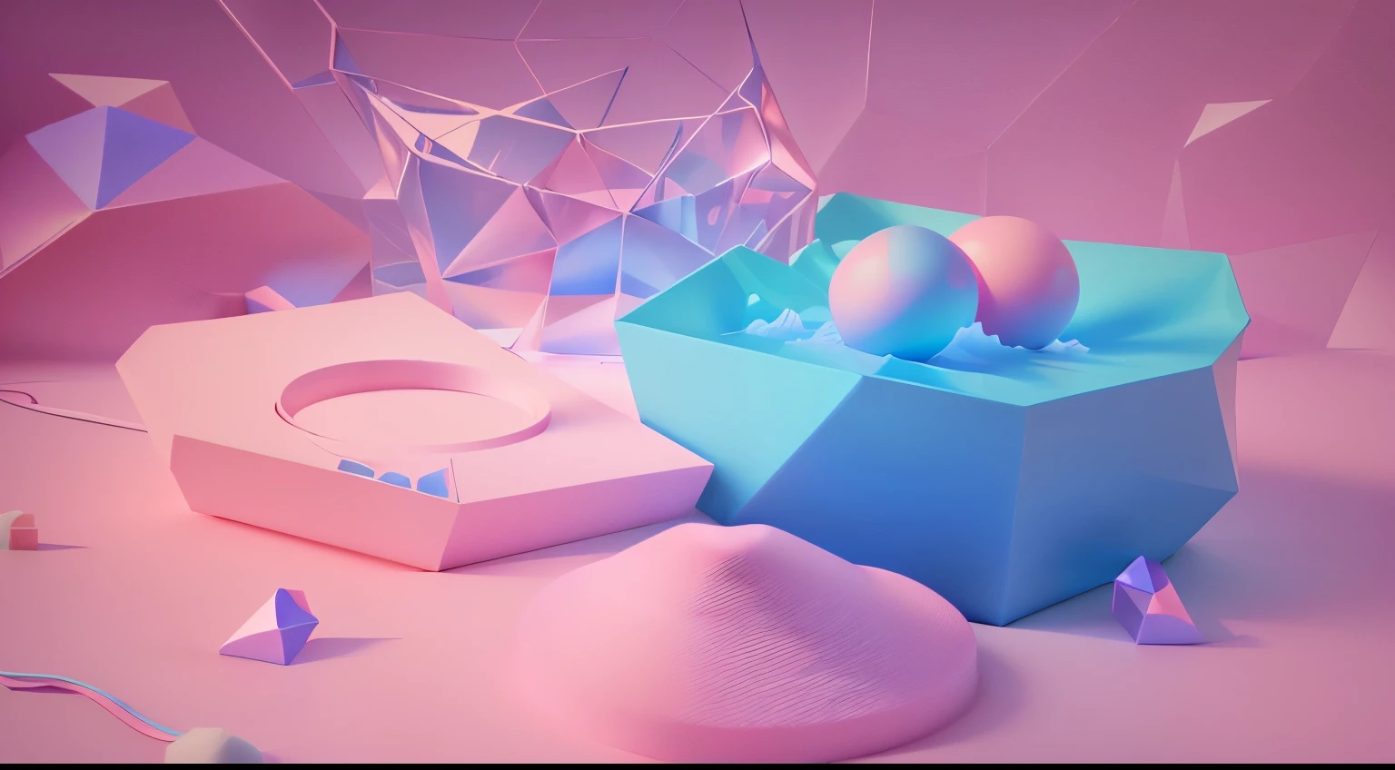 桌子上有两个球和一个Pink and blue的物体, Cinema 4d colorful rendering, Pastel colorful 3D, Soft 3d rendering, blue and pink, soft geometric 3d shapes, Floating spheres and shapes, 3d illustration, 3d illustration, Geometric 3d rendering, Geometric 3d rendering, Saturated pastels, Pink and blue, Glassy