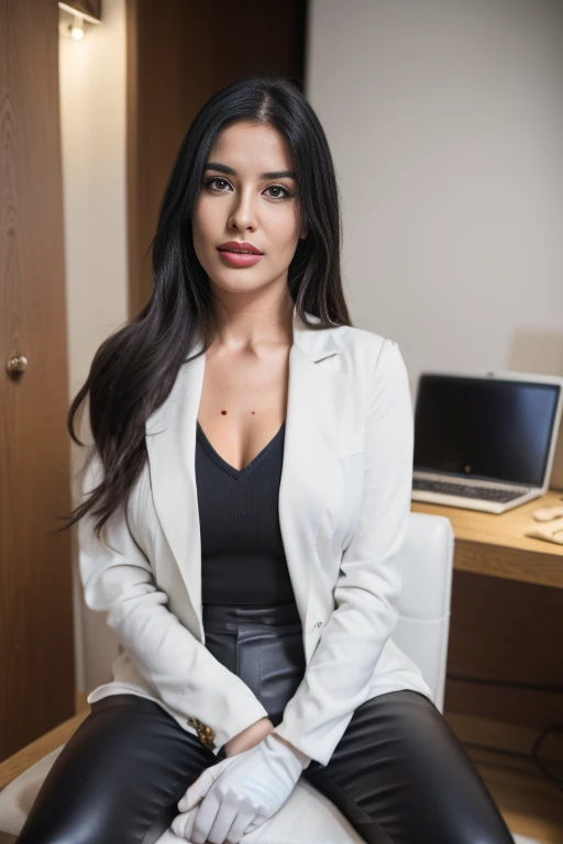 A beautiful, curvy Ukrainian 45 with long straight black hair, wearing black leather gloves, a black leather jacket with button down, black leather skinny pants, and black leather long boots, sitting in a leather chair, working at the computer, looking at the screen, with a chest necklace, fingers in the black leather gloves, an expression of pleasure on her face, (best quality,4k,8k,highres,masterpiece:1.2),ultra-detailed,(realistic,photorealistic,photo-realistic:1.37),HDR,UHD,studio lighting,ultra-fine painting,sharp focus,physically-based rendering,extreme detail description,professional,vivid colors,bokeh,portraits,photography